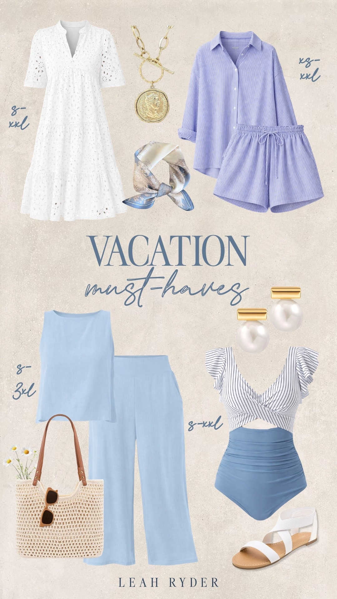 These vacation outfit essentials include breezy dresses, matching lounge sets, one-piece swimsuits, woven tote bags, sandals, and statement accessories. Perfect for beach vacations, resort wear styling, and warm-weather travel outfits in inclusive sizing. Lightweight fabrics and soft blue tones create effortless mix-and-match vacation looks. Comfortable, versatile pieces that work for pool days, sightseeing, and dinner by the water.

#LTKTravel #LTKPlusSize