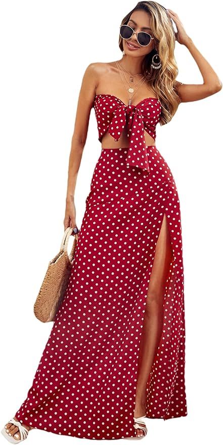 MakeMeChic Women's 2 Piece Outfits Polka Dot Knot Front Crop Tube Top and Split Maxi Skirt Set | Amazon (US)
