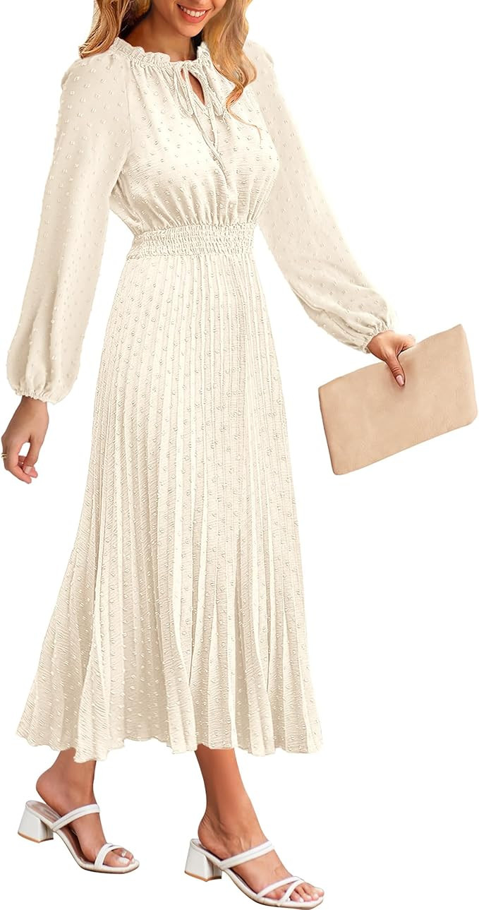 MEROKEETY Women's 2023 Long Puff Sleeve Tie V Neck Dress Pleated Swiss Dot A Line Maxi Dresses | Amazon (US)