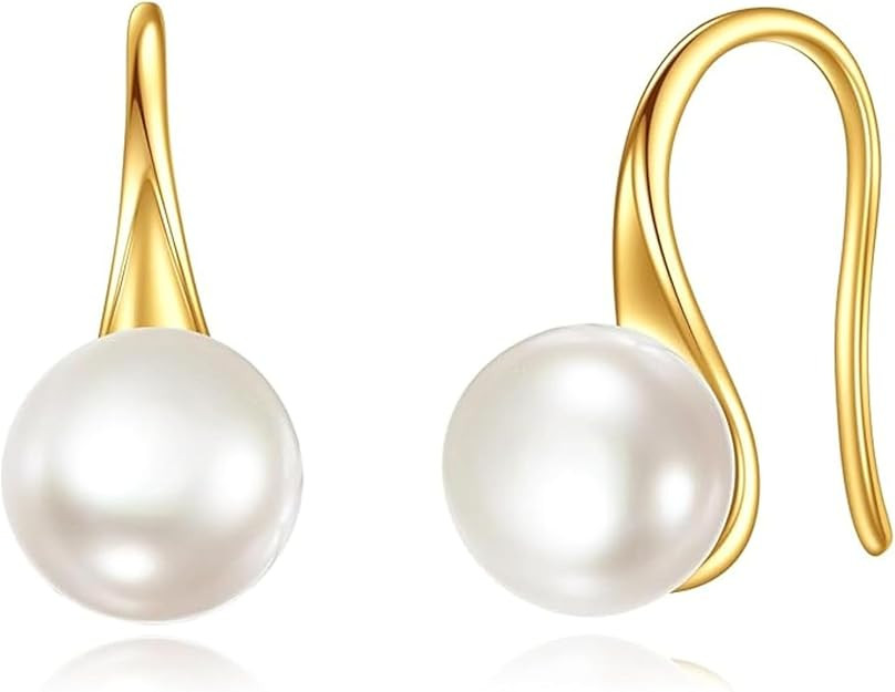Freshwater Pearl Dangle Earrings, 7mm Gold-Plated 925 Sterling Silver Real Pearl Drop Earrings, G... | Amazon (US)