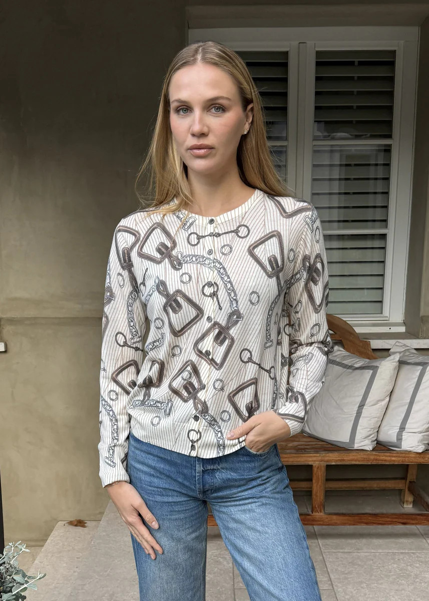 Lonnie Printed White and Brown Merino Wool Cardigan | Benaar La