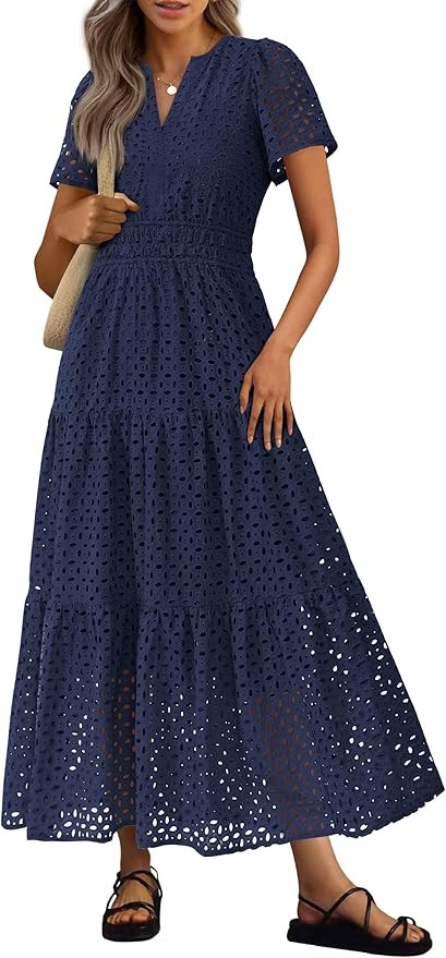 PRETTYGARDEN Womens 2026 Summer Maxi Dress Short Sleeve V Neck Hollow Out Eyelet A Line Long Flow... | Amazon (US)