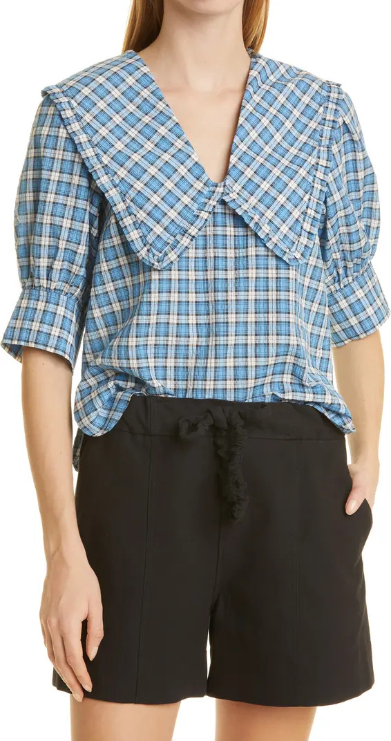 Ganni Check Ruffle V-Neck Seersucker Blouse | Nordstrom | Nordstrom