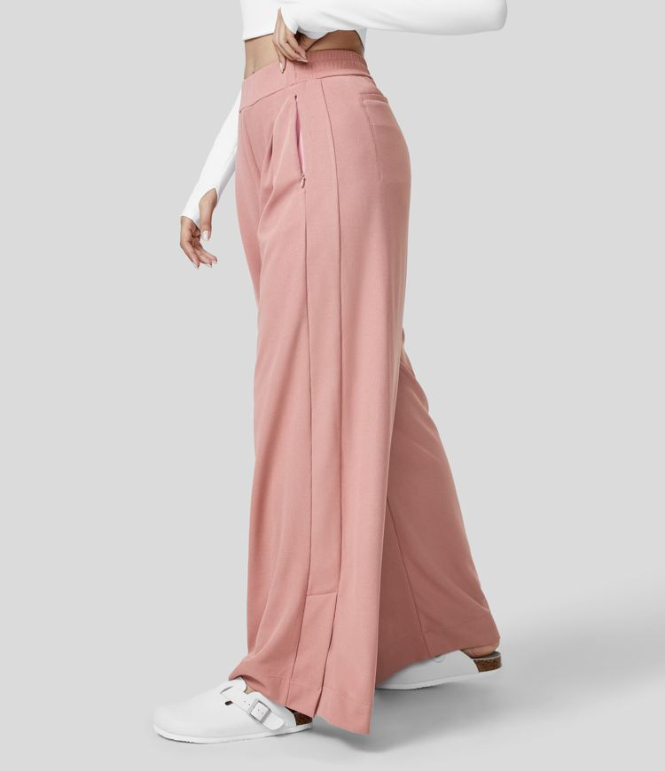 High Waisted Plicated Zipper Side Pocket Split Hem Wide Leg Waffle Casual Pants | HALARA