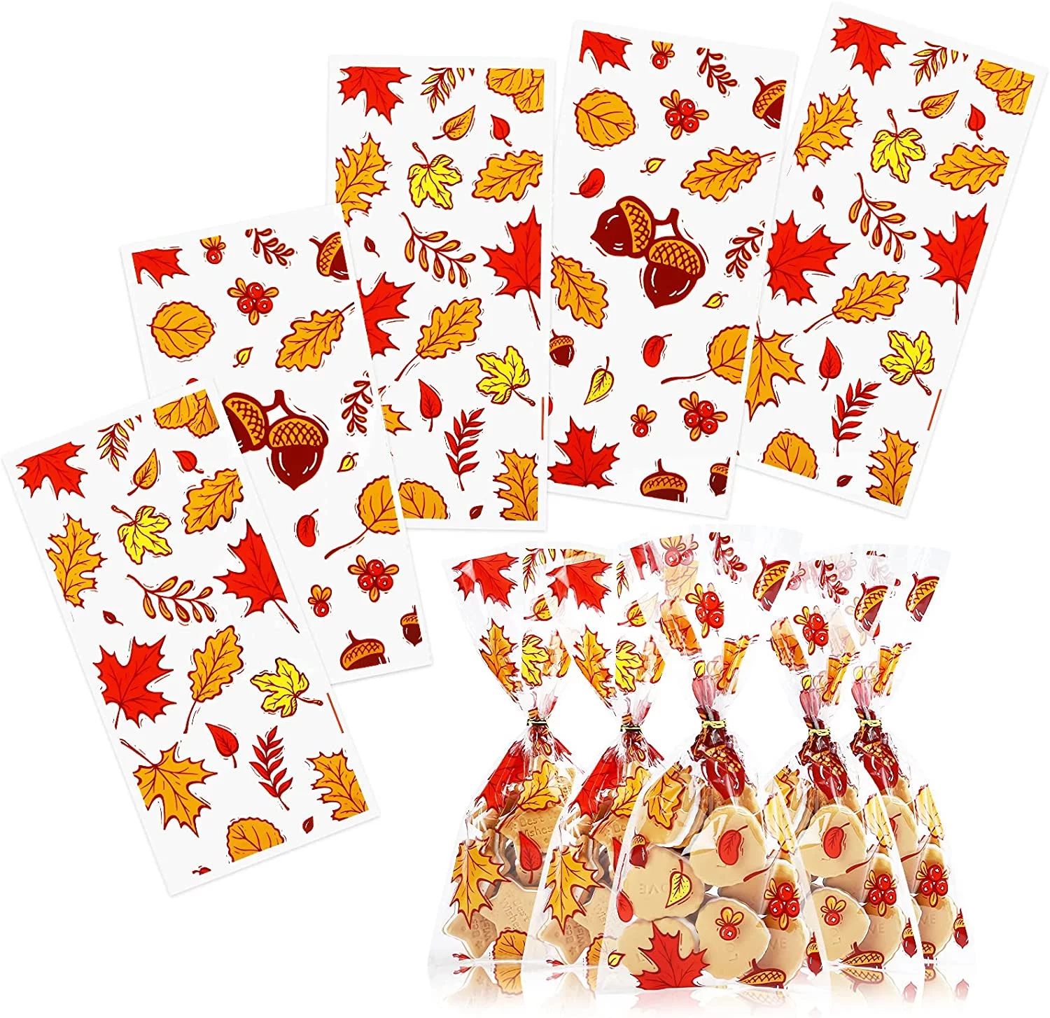 Naler 100 Pieces Fall Thanksgiving Cellophane Treat Bags, Clear Pumpkin Maple Leaf Goodie Candy T... | Walmart (US)