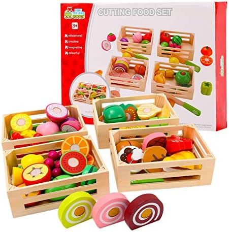 58Pcs Cutting Fruits Set Wooden Play Food, Kitchen Toys Vegetables Pretend Food Play for kids Edu... | Amazon (US)