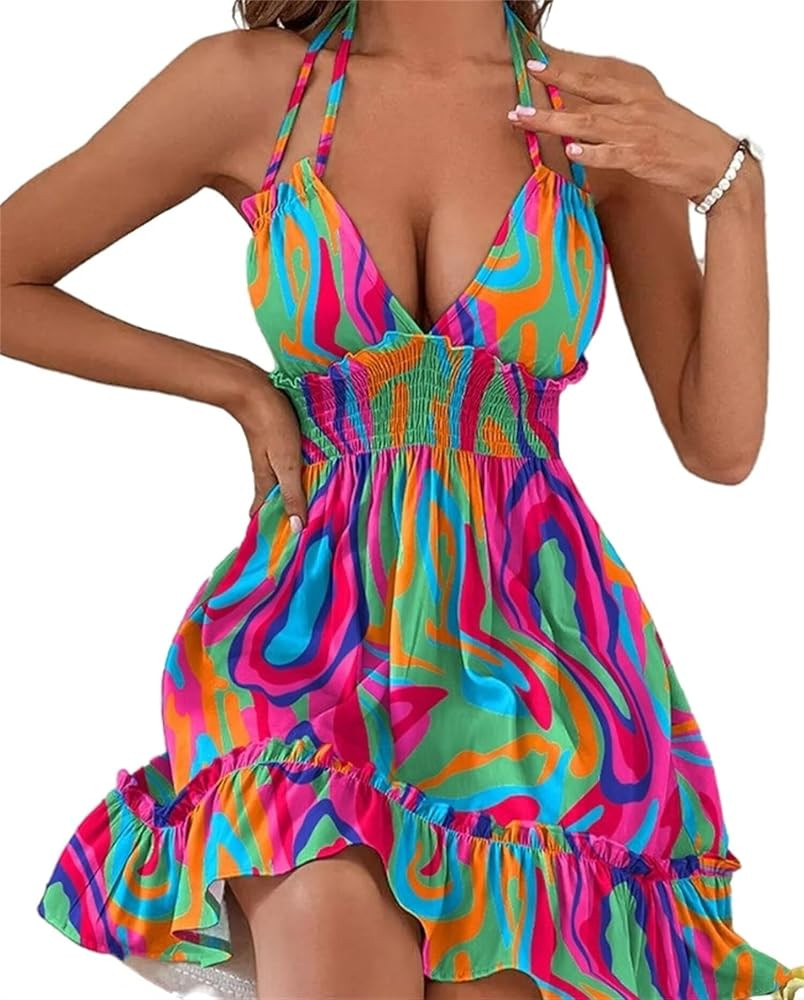 Deep V-Neck Vacation Dress Sexy Halter Backless Dress Belted Ruffled Dress Summer Mini Patry Dres... | Amazon (US)
