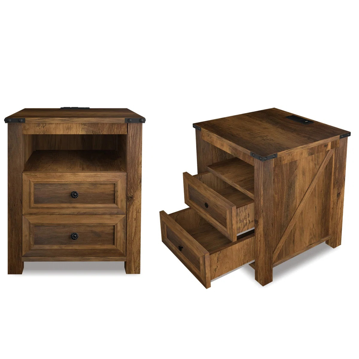 Winston Porter Nightstands With Charging Station, Rustic 18 Inch Bedside Table With 2 Storage Dra... | Wayfair North America
