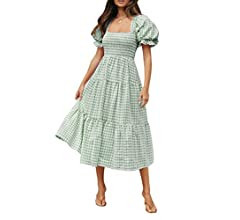 ZESICA Women's 2023 Bohemian Summer Plaid Square Neck Puff Sleeve Ruffle Flowy Beach Midi Dress | Amazon (US)