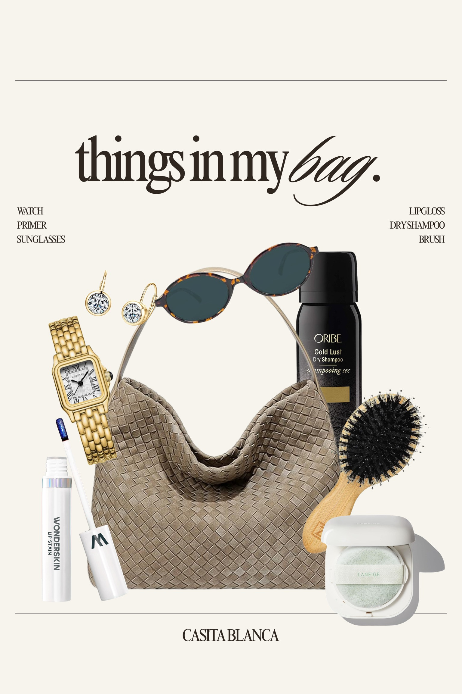 Things in my bag lately 🤎

These are my everyday essentials that keep me feeling polished no matter where the day takes me. A classic gold watch and simple diamond studs for instant sophistication, oversized sunnies for that effortless touch, and my go-to lip gloss for a quick refresh.

I always keep dry shampoo and a mini brush on hand for volume and touch-ups, plus a lightweight powder to smooth and set. It’s the little things that make a big difference.

#WhatsInMyBag #EverydayEssentials #ChicDetails #AmazonFinds #NeutralStyle #ElevatedBasics 

 #LTKSeasonal #LTKBeauty