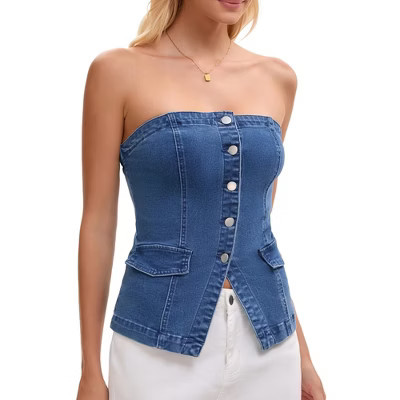 INSPIRE CHIC Women's Denim Button Front Elastic Back Crop Pockets Decor Strapless Bandeau Tube Tops X-Large Blue | Target