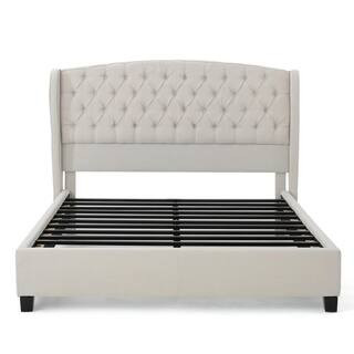 Ivory Fully Upholstered Fabric Queen Bed Set | The Home Depot