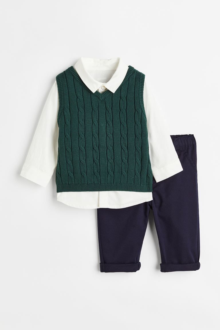 3-piece Cotton Set - Dark green/white/navy blue - Kids | H&M US | H&M (US + CA)