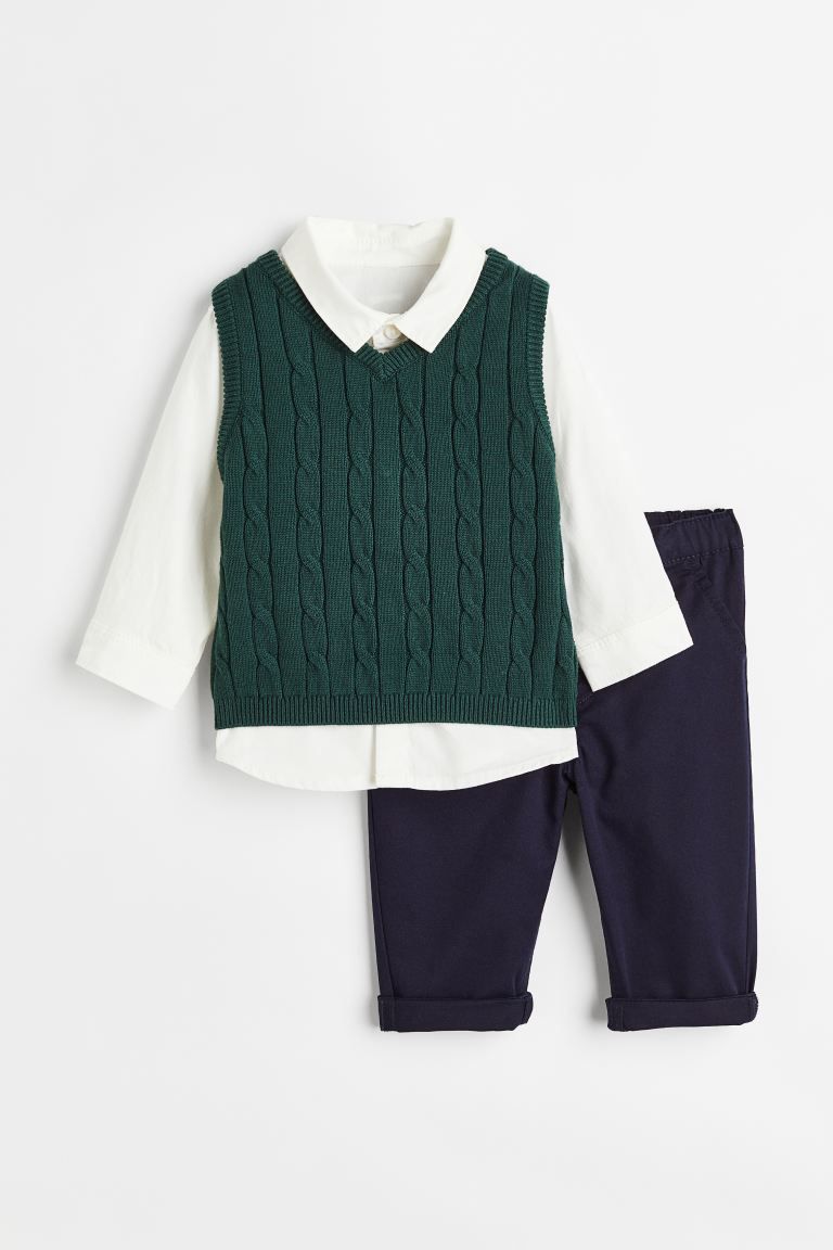 3-piece Cotton Set - Dark green/white/navy blue - Kids | H&M US | H&M (US)