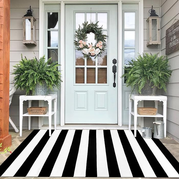 4x6 Striped Outdoor Rug, Washable Front Porch, Black/White | Amazon (US)