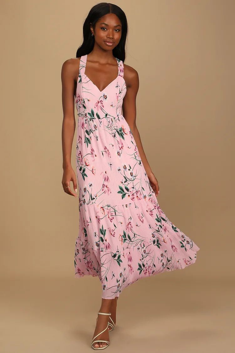 Tea in the Garden Pink Floral Print Pleated Tie-Back Midi Dress | Lulus (US)