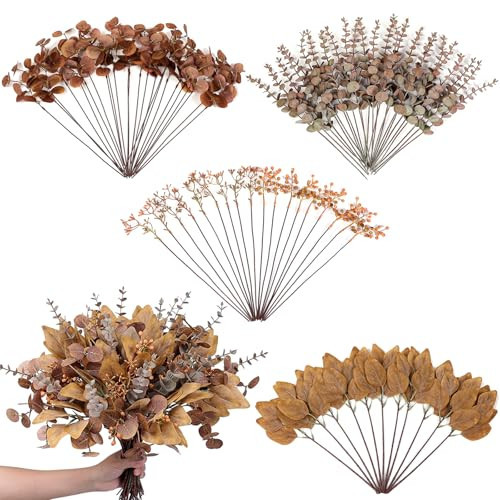 YXZZWL 110 Pcs 5 Kinds Mixed Artificial Eucalyptus Stems and Faux Berry,Autumn Fake Eucalyptus Leaves Stems Bulk Branches for DIY Bouquets Floral Arrangement Wedding Home Fall Decorations (Orange) | Amazon (US)