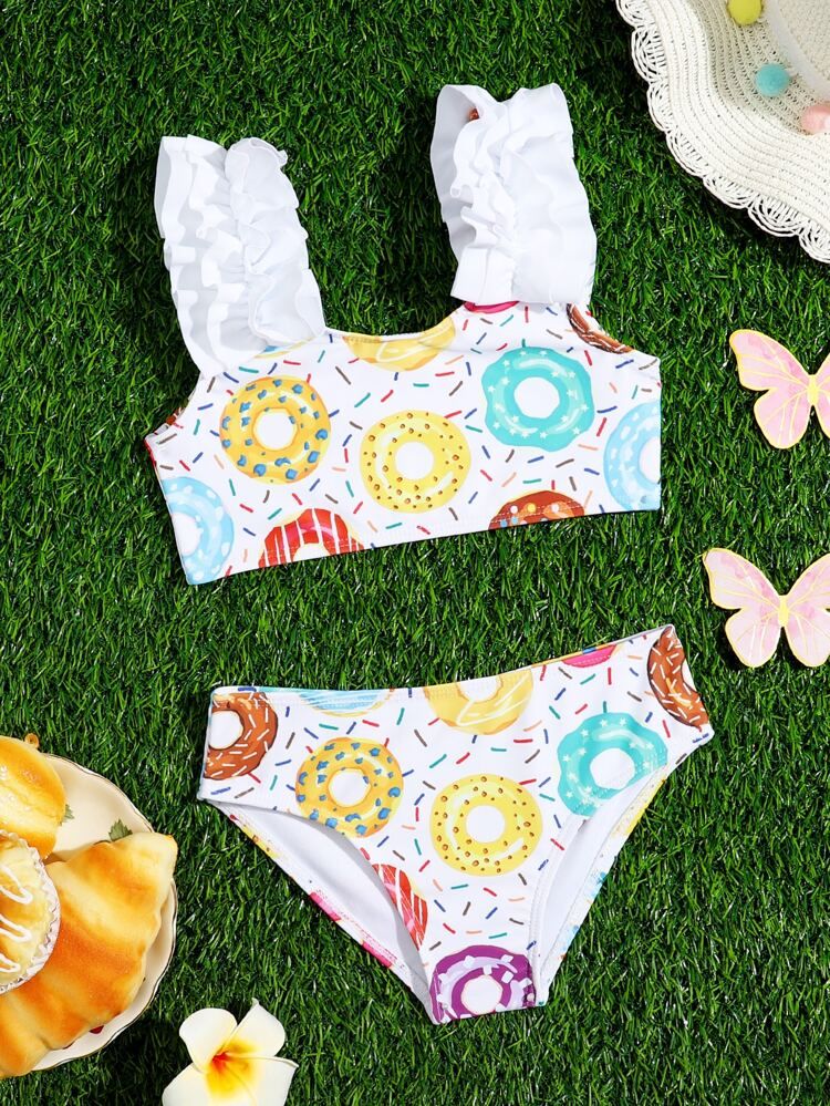 Baby Girl Donut Print Frill Trim Bikini Swimsuit | SHEIN