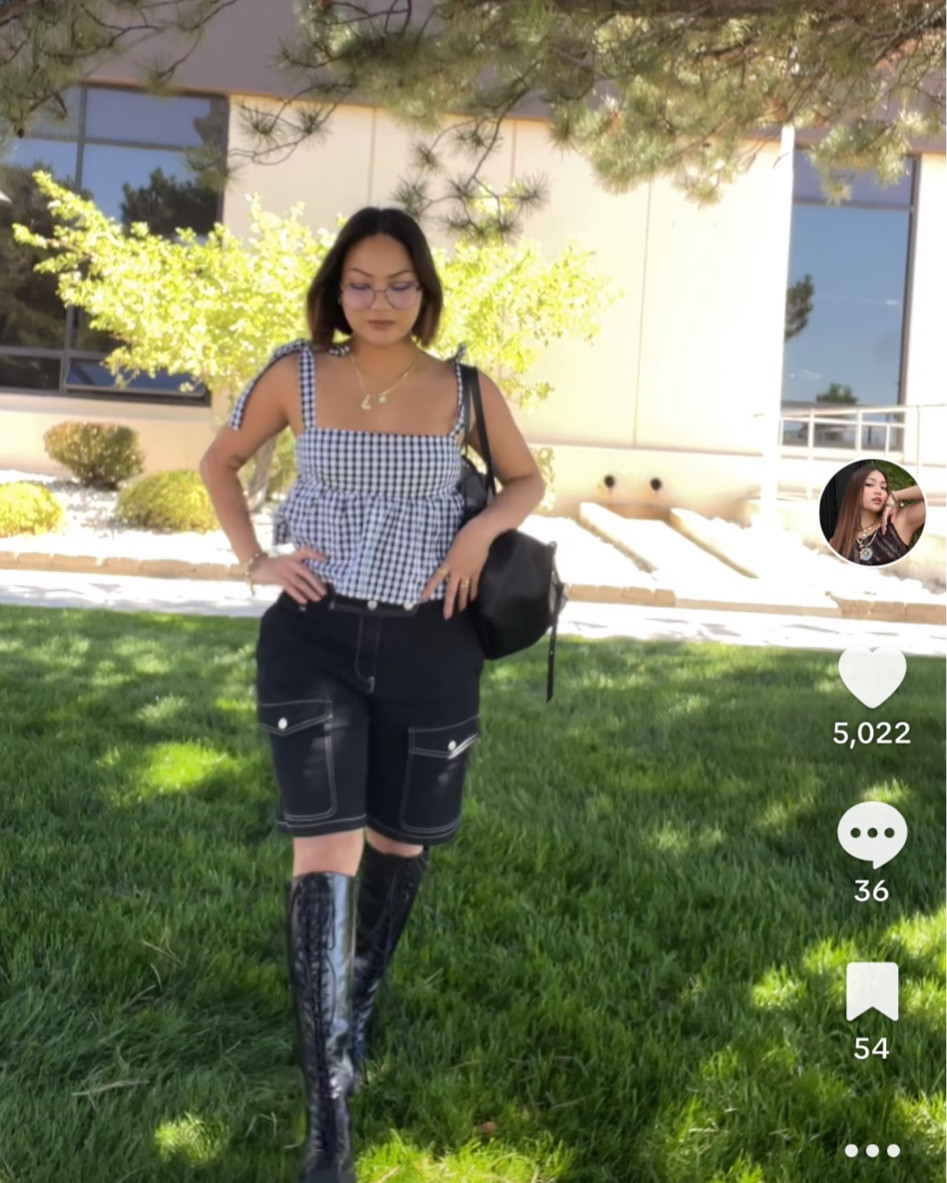 school outfit! top & jorts are fashion nova, i posted a pic on IG (@jeorella__) w the deets! #gingham #peplum #terrain #boots #jorts 