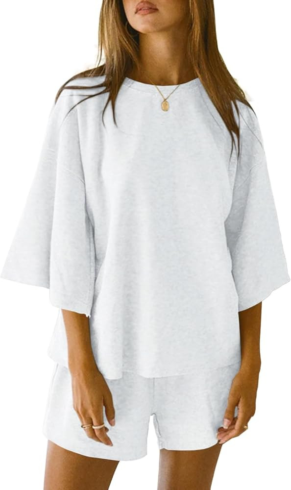 Tankaneo Womens 2 Piece Outfits 3/4 Sleeve Tops and Elastic Waist Shorts Lounge Sets Loungewear | Amazon (US)