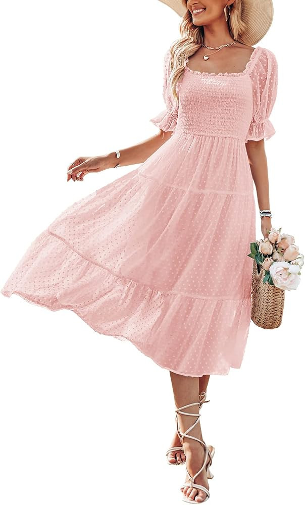 SYZRI Women's Summer Square Neck Puff Sleeve Ruffle Midi Dress Boho Swiss Dot Tie Back Smocked Dr... | Amazon (US)
