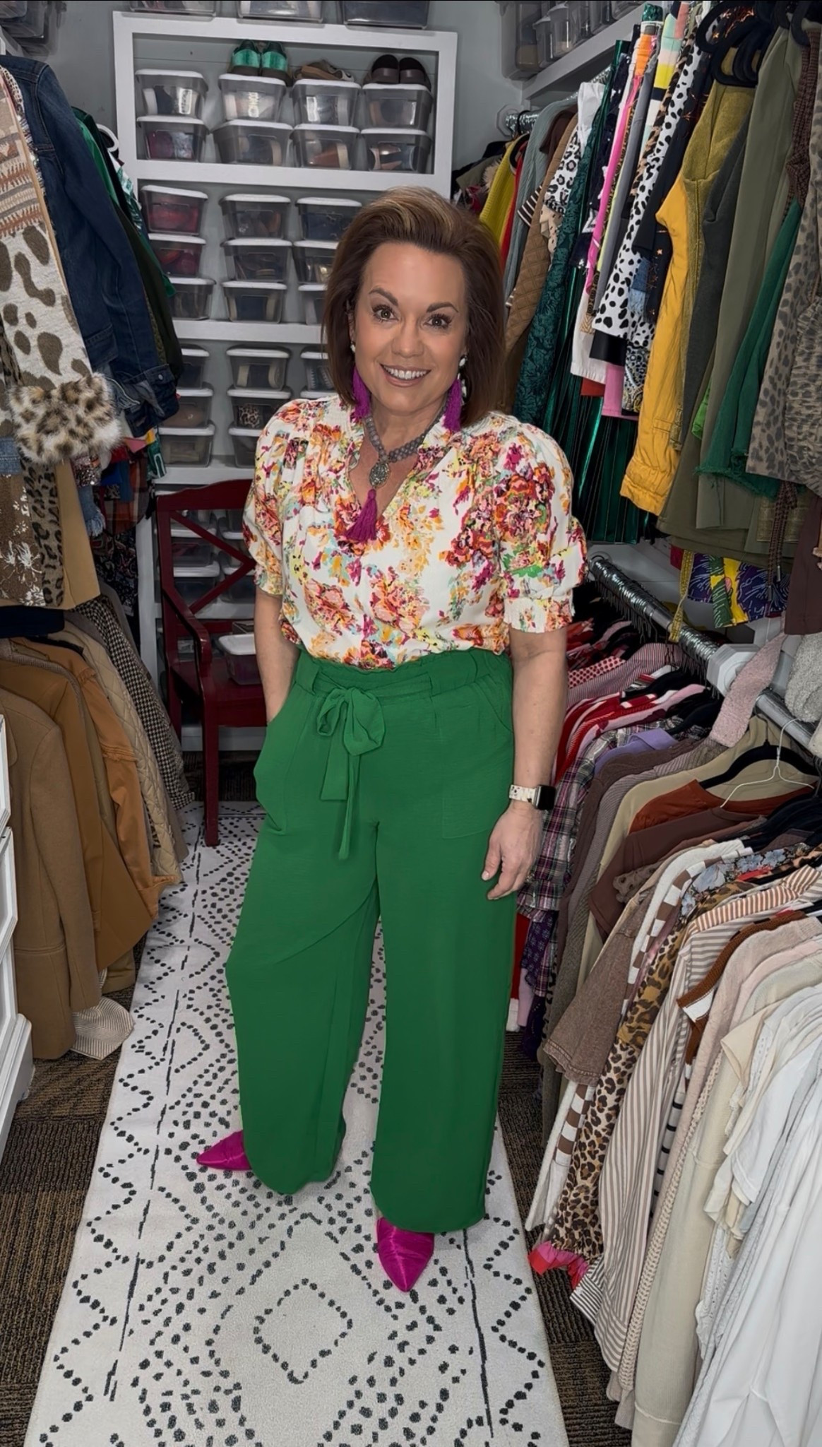 Bright colors = instant mood boost 💕

Today’s outfit is a little dopamine dressing moment, and honestly it’s proof that getting dressed can completely change your energy for the day.

I started with these flowy green wide-leg pants (the comfort level is a 10/10) and paired them with a floral blouse that pulls in all the happy colors. The pink heels and tassel earrings tie everything together and make the whole outfit feel fun and intentional.

When I need an extra layer, I added a white cardigan and green crossbody bag to keep the look polished but still playful.

✨ Why this combo works:
• Wide-leg pants create a flattering, comfortable silhouette
• A colorful floral top adds personality
• Pink accessories bring in a bold pop that makes the outfit feel styled

Sometimes the best styling trick is simply wearing colors that make you happy.



#LTKootd #LTKOver40 #LTKMidsize