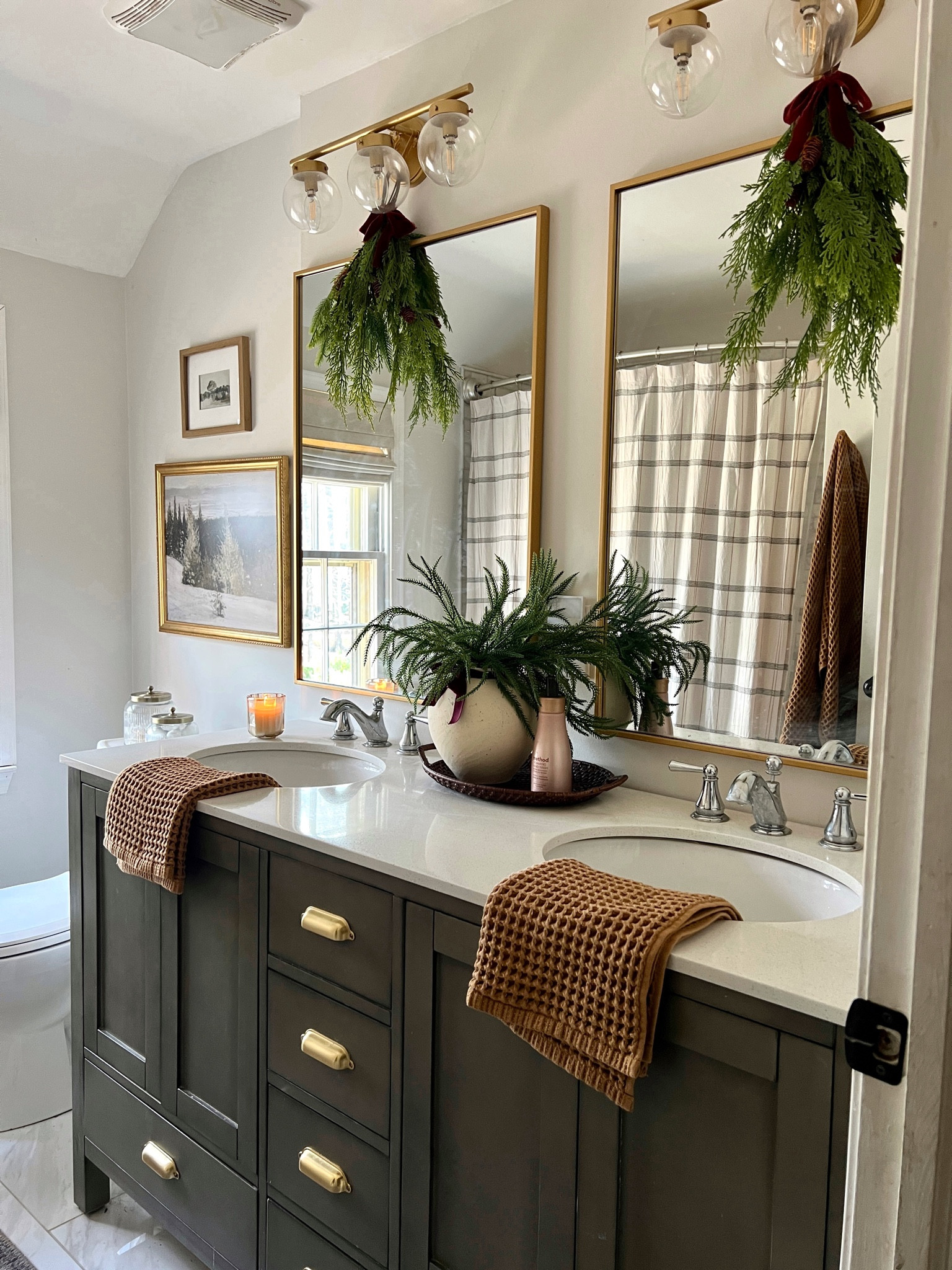 Seasonal Christmas bathroom inspo. Organic neutral modern vintage rejuvenation knobs pine swag brass fixtures light airy dark moody small styling space target finds Amazon finds.

#LTKHoliday #LTKSeasonal #LTKHome