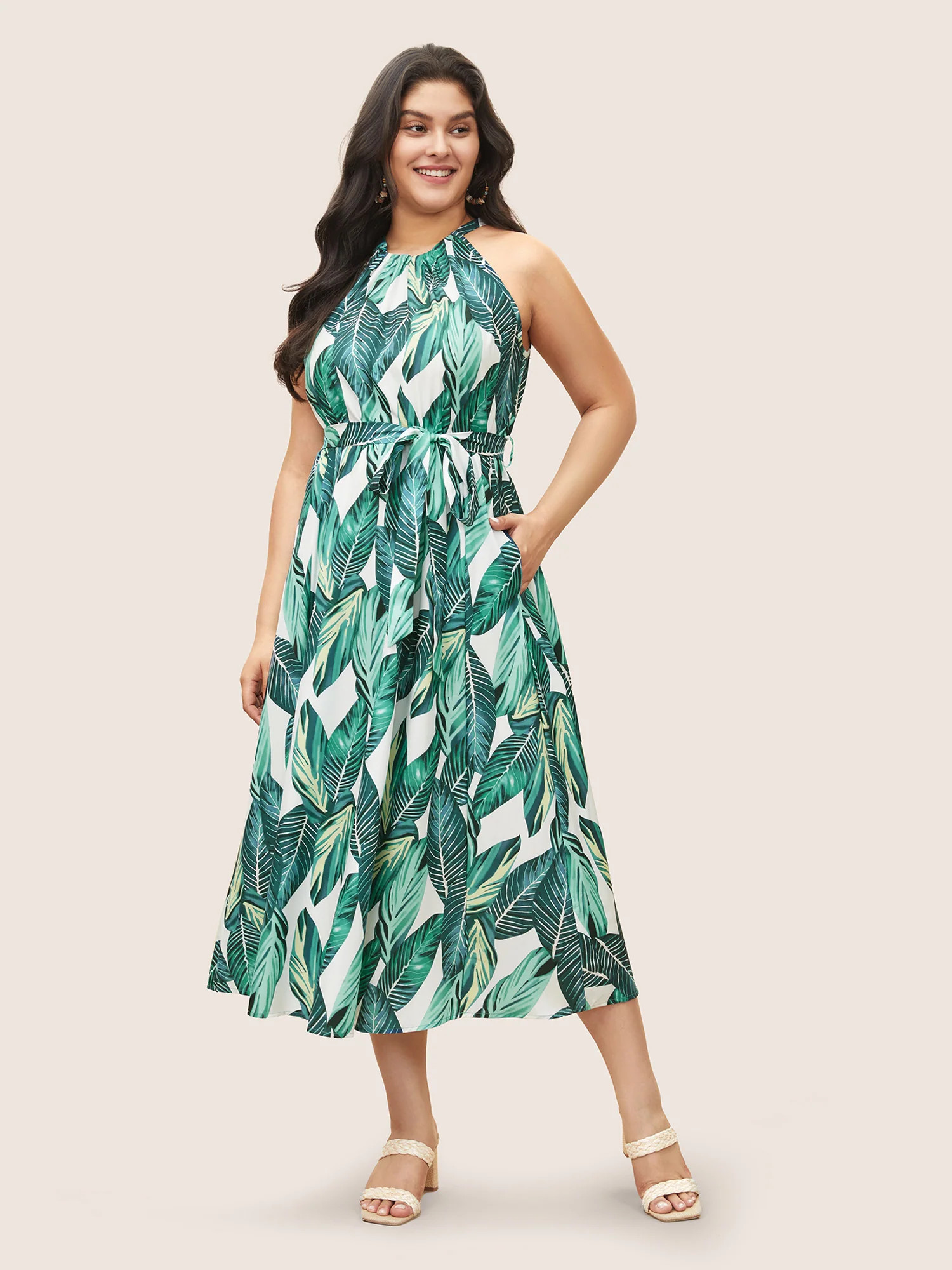 Tropical Print Knotted Pocket Ruffles Belted Halter Dress | Bloomchic