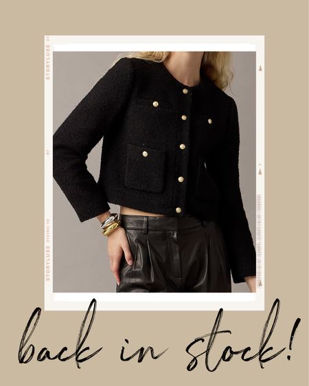 Kat Jamieson shares her favorite black jacket with gold buttons that is back in stock! Holiday style, office, workwear, work. 

#LTKSeasonal #LTKHoliday #LTKworkwear