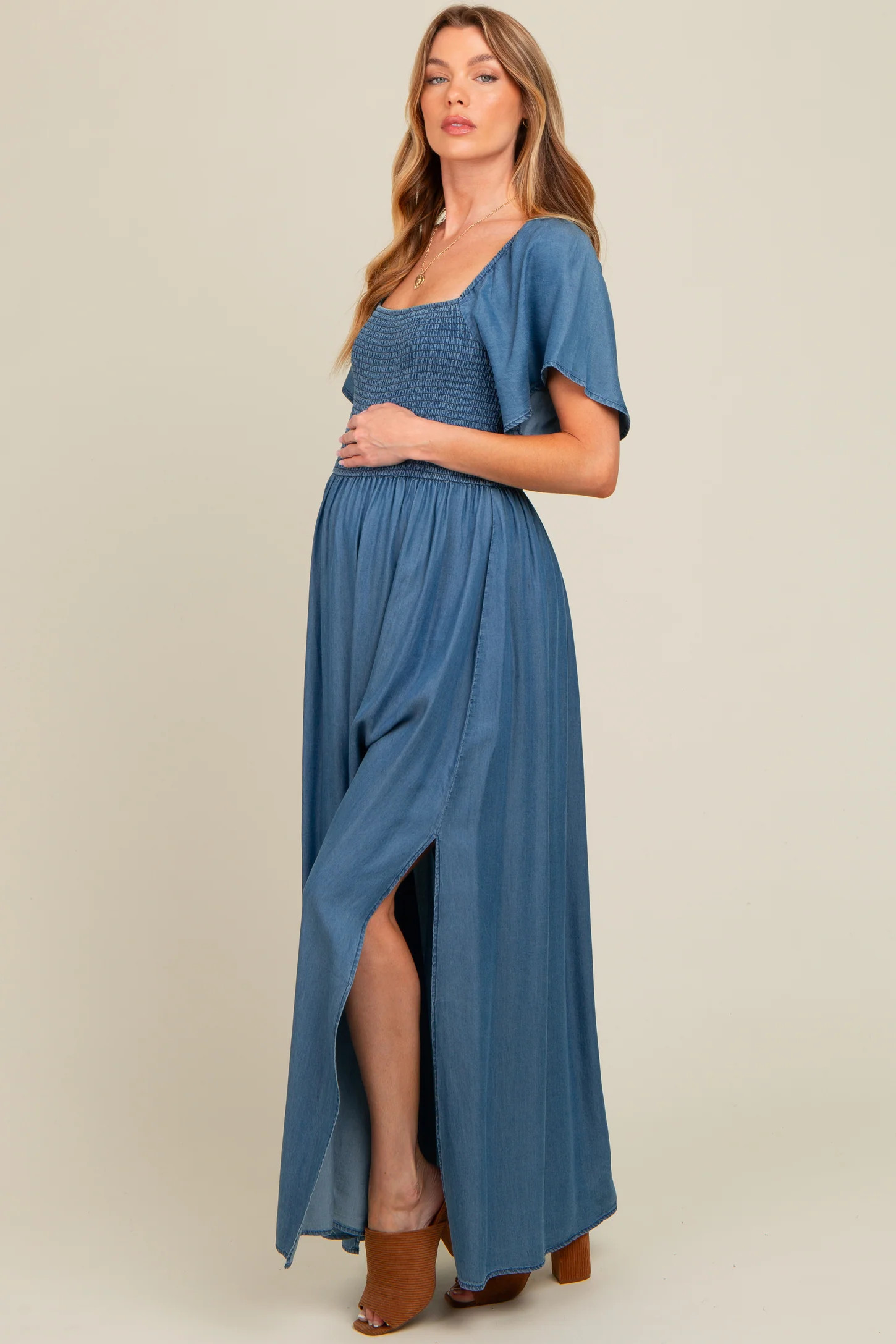 Blue Chambray Smocked Maternity Maxi Dress | PinkBlush Maternity