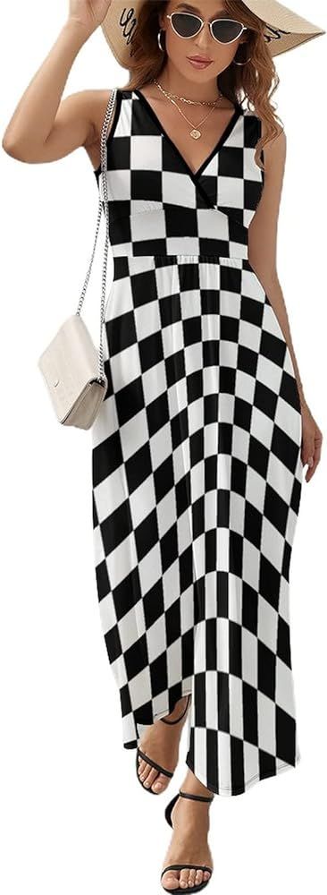 Womens Sleeveless V Neck Maxi Dress Black White Race Checkered Flag Beach Dress Causal Summer Dre... | Amazon (US)