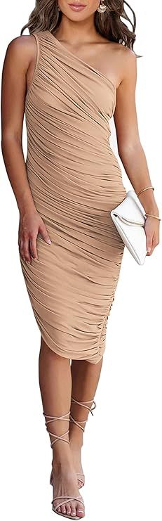 PRETTYGARDEN Women's Ruched Bodycon Dress 2023 Summer One Shoulder Sleeveless Party Cocktail Penc... | Amazon (US)