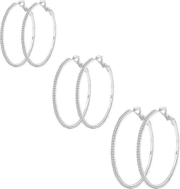 925 Sterling Silver Earrings Large Rhinestone Hoop Earrings Big Cubic Zirconia Hoop Earrings Thin... | Amazon (US)
