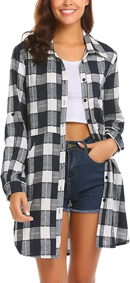 Hotouch Womens Flannel Plaid Shirts Roll Up Long Sleeve Pockets Mid-Long Casual Boyfriend Button ... | Amazon (CA)