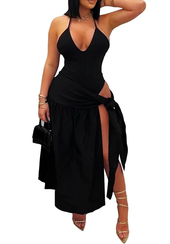DINGANG Women's Summer 2 Piece Maxi Skirt Sets Halter V Neck Bodysuit High Split Cutout Cover Up ... | Amazon (US)