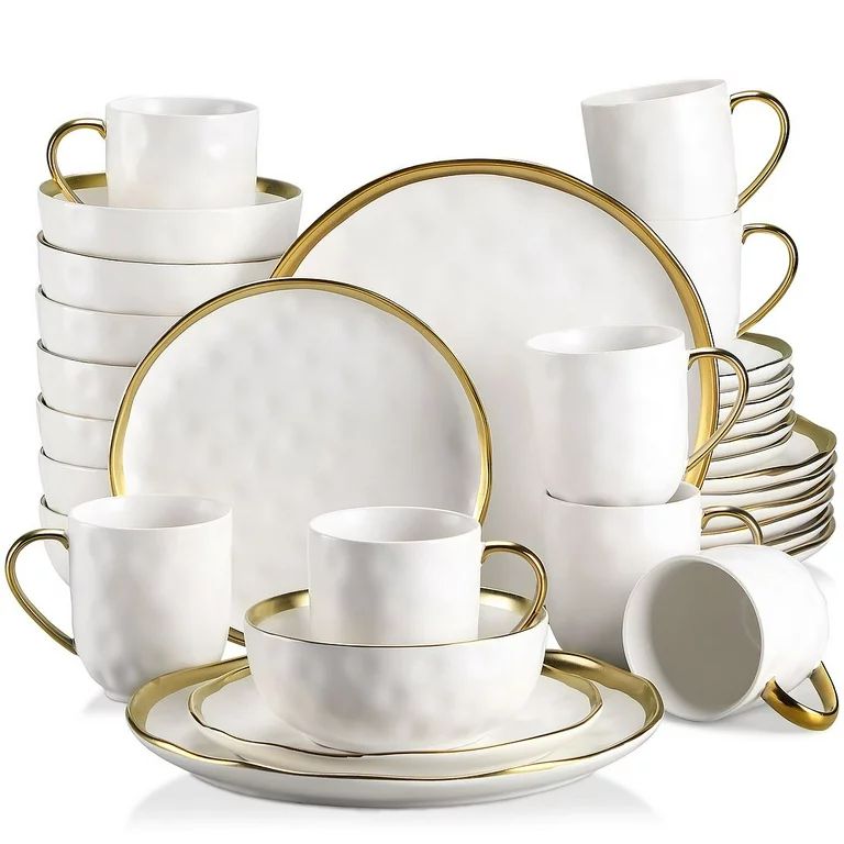 LOVECASA Dinnerware Sets, Stoneware Dinner Set for 8, 32-Piece Round White Gold, Series Sweet | Walmart (US)