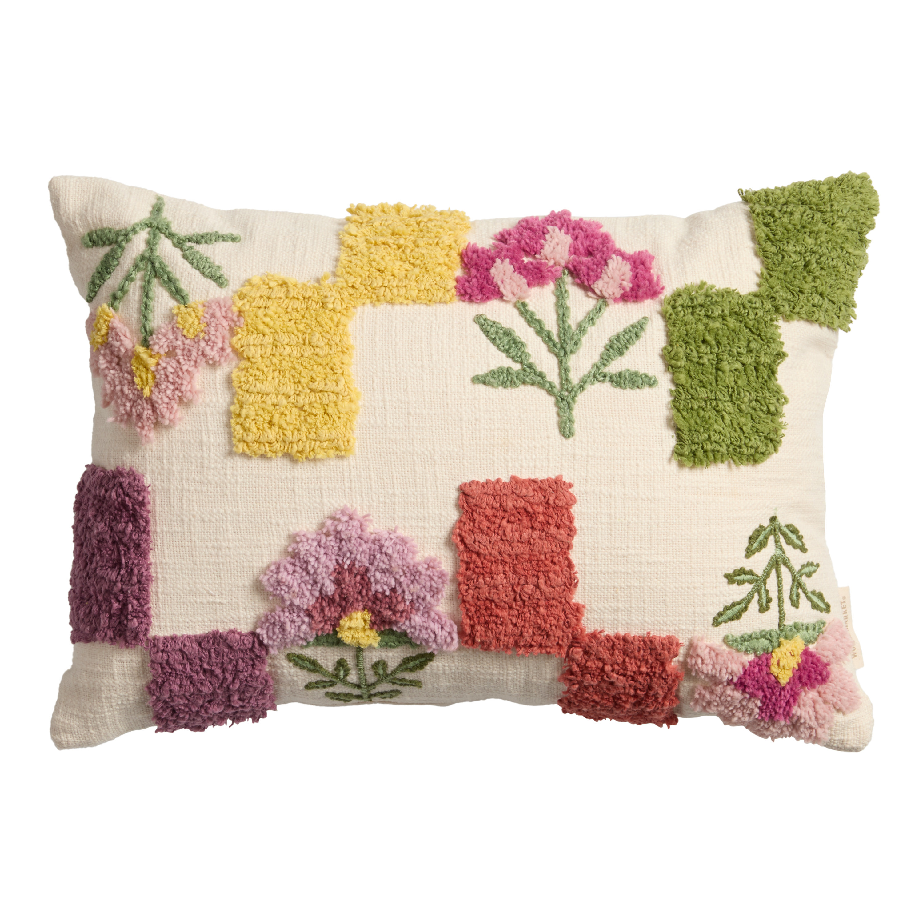 Ivory Multicolor Tufted Flower Check Lumbar Pillow - World Market | World Market