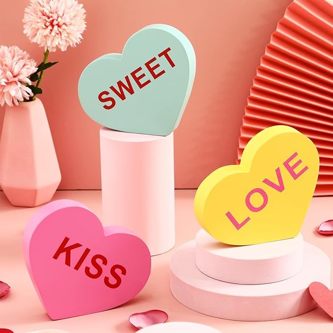 3 Pieces Valentine's Day Wooden Sign Heart Shape Home Decor Conversation Heart Signs Candy Heart ... | Amazon (US)