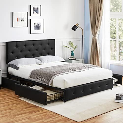 Yaheetech Queen Size Upholstered Bed Frame with 4 Drawers and Adjustable Headboard, Faux Leather ... | Amazon (US)