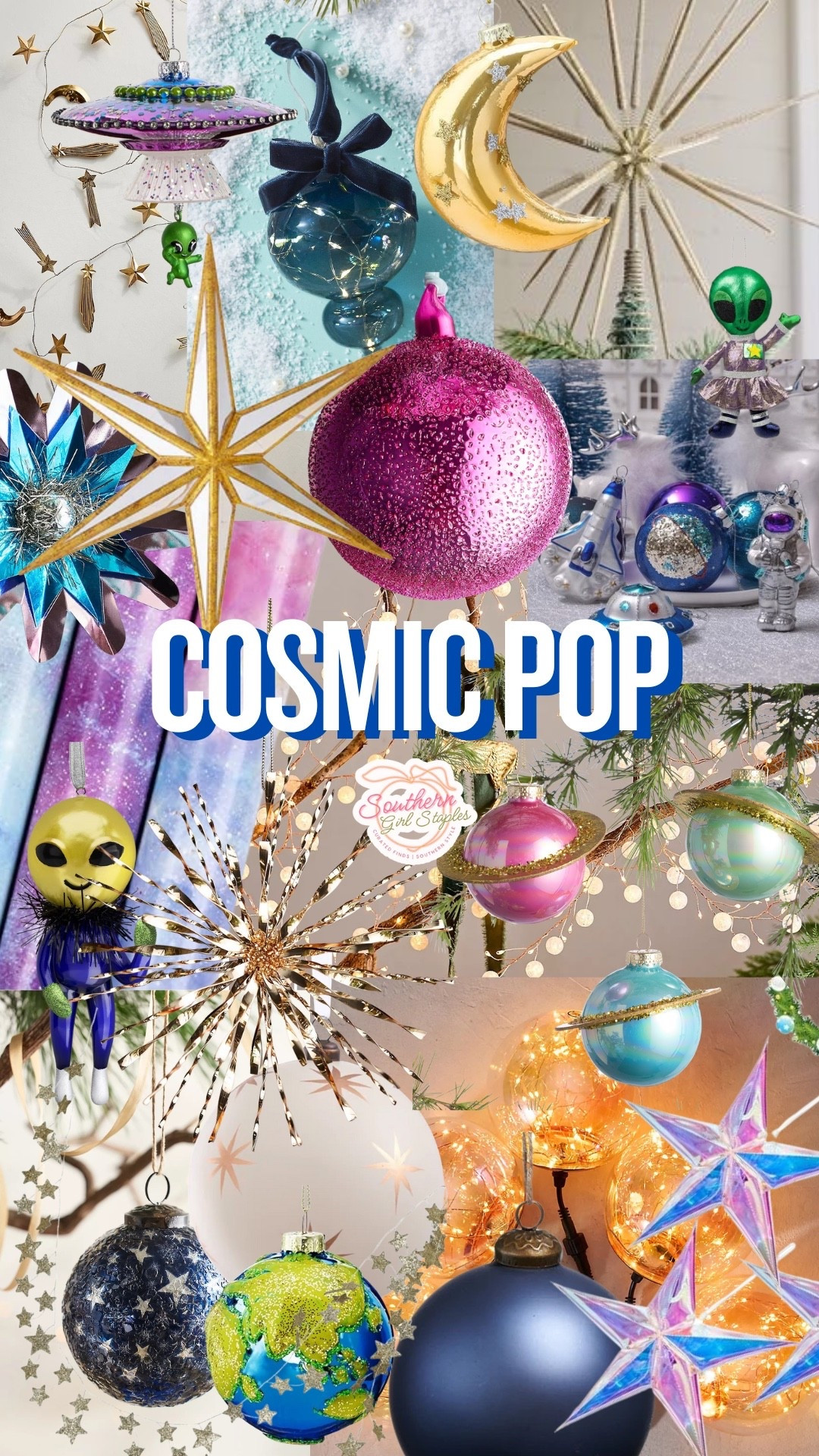 Take your tree out of this world with the Cosmic Pop trend — think shiny orbs, metallic moons, sparkling stars, and pops of electric color. 🌙💫🎄 From UFO ornaments to alien baubles and galaxy hues, this theme brings major retro-futuristic fun to your holiday setup!

💜 Mix hot pinks, blues, and golds for a playful mid-century space vibe.
🪩 Layer in starbursts, glass planets, and twinkling string lights for cosmic sparkle.
👽 Perfect for anyone who loves a little whimsy with their wonderland!

#ChristmasDecor #HolidayTrends #CosmicChristmas #ColorfulChristmas #LTKHoliday #SouthernGirlStaples #ChristmasTreeInspo #RetroHoliday #HolidayHomeDecor

#LTKHome #LTKSeasonal #LTKHoliday