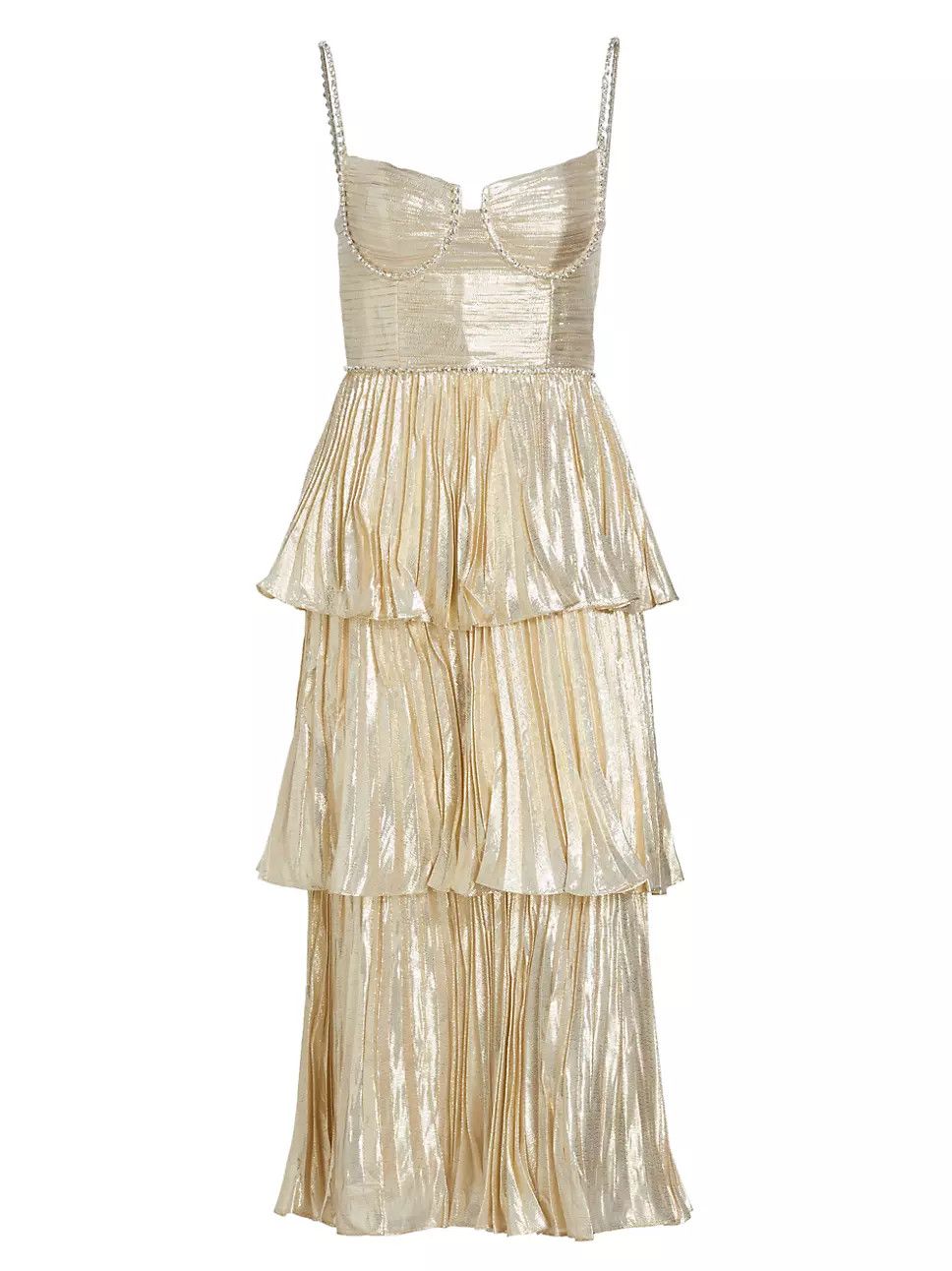 Self-Portrait Gold Metallic Tiered Midi Dress | Gold Dress  | Saks Fifth Avenue