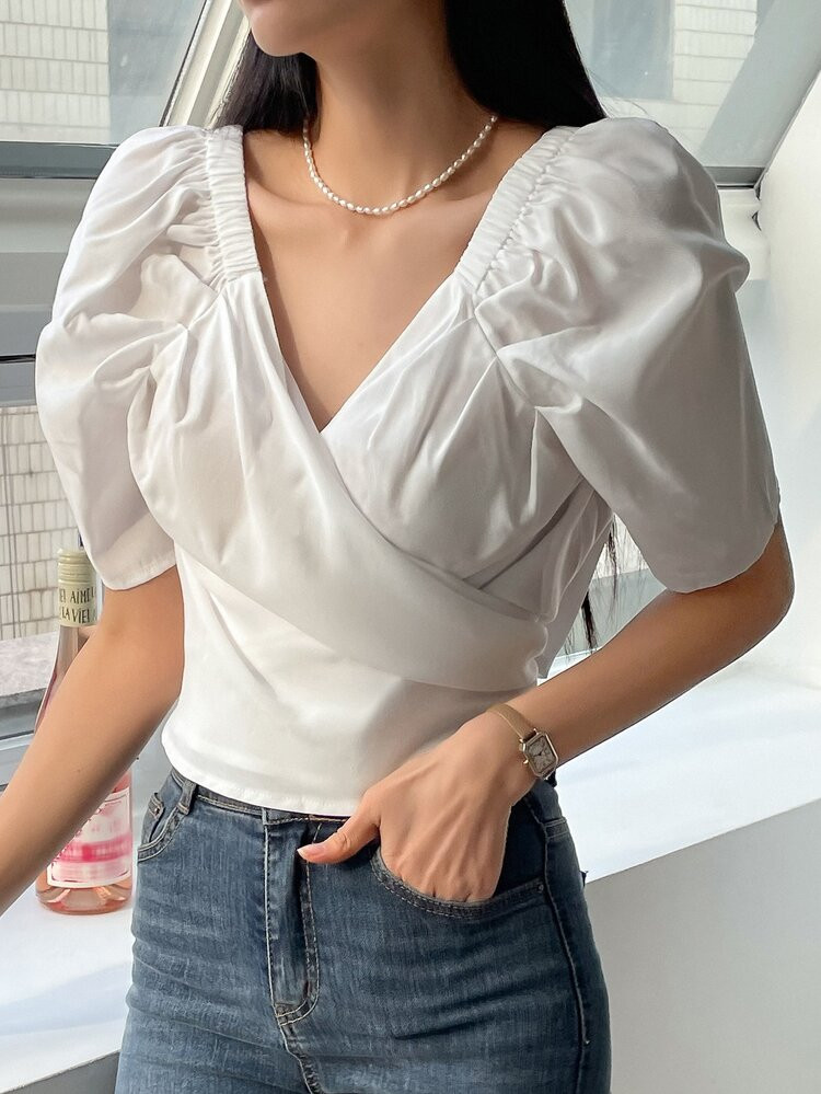 DAZY Surplice Neck Puff Sleeve Blouse | SHEIN