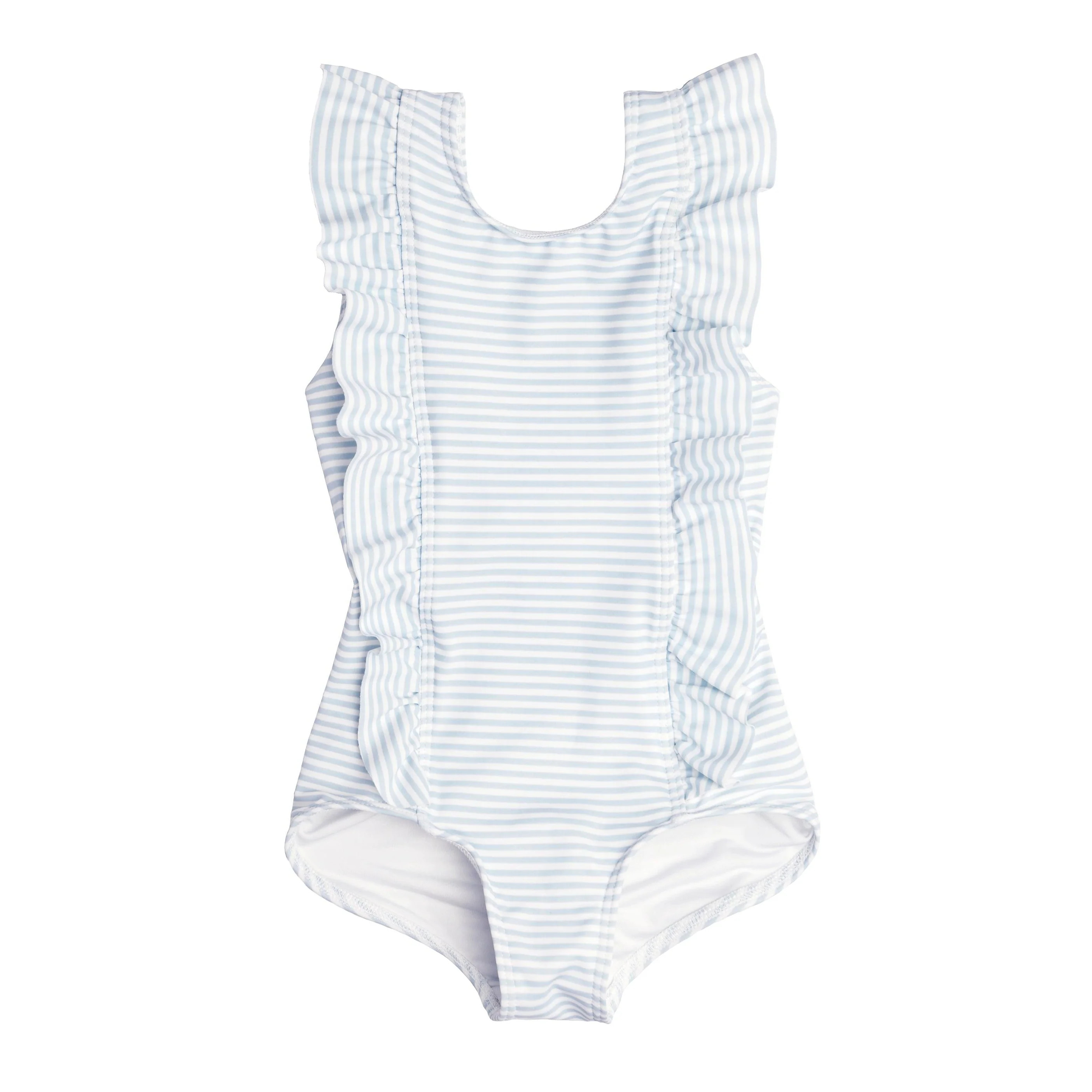 girls powder blue stripe ruffle one piece | minnow