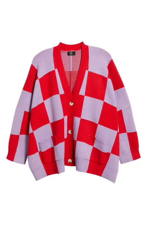 Dressed in Lala Love You Oversize Checkered Cardigan in Red/Lavender at Nordstrom, Size Small | Nordstrom