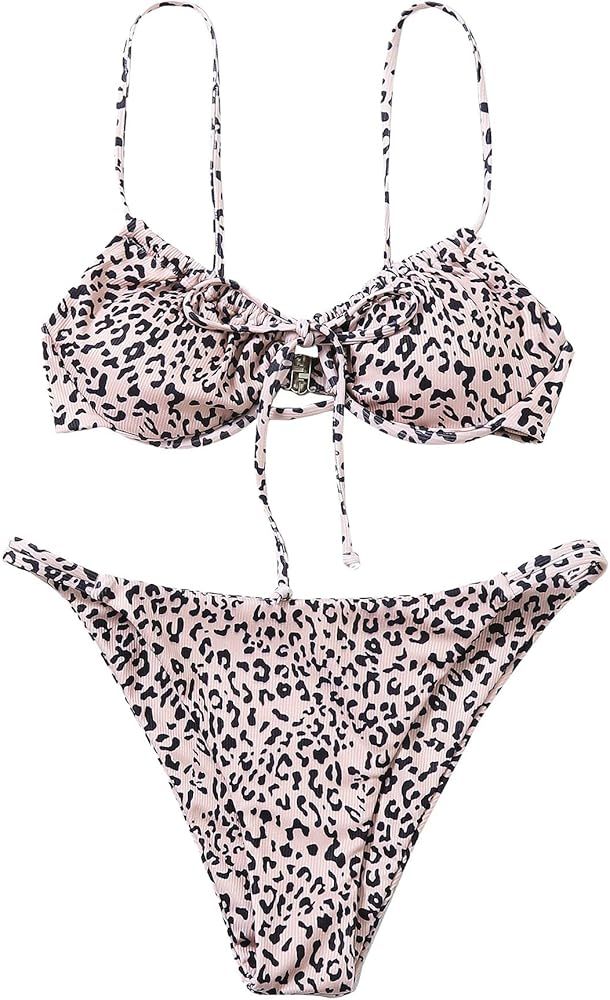 SheIn Women's 2 Piece Leopard Swimsuit Tie Front Bra and Panty Bikini Set Swimwear | Amazon (US)