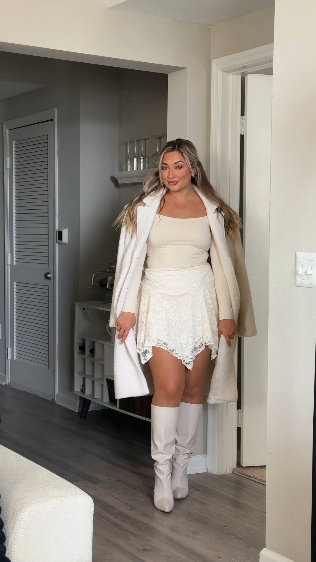 Winter outfit idea. Loving this monochromatic neutral moment. 

Skirt: large
Coat: large 
Both tops: mediumm

#LTKHoliday #LTKStyleTip #LTKSeasonal