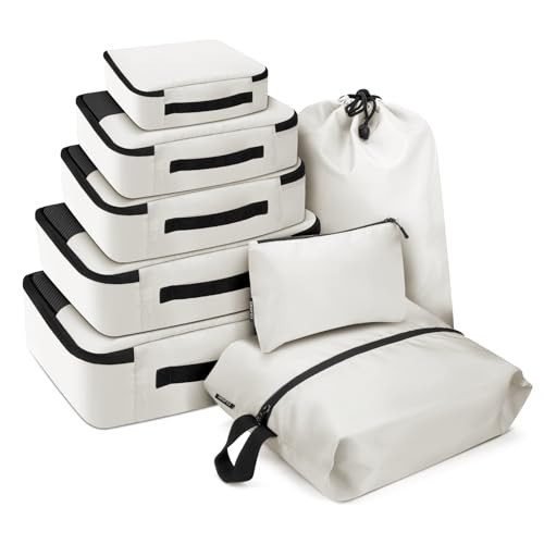 SDGFUI 8 PCS Compression Packing Cubes for Travel Women, Compression Bags Organizer for Luggage Space Saving Travel Essentials and Carry on, Luggage Organizer Bags for Suitcase - Beige | Amazon (US)