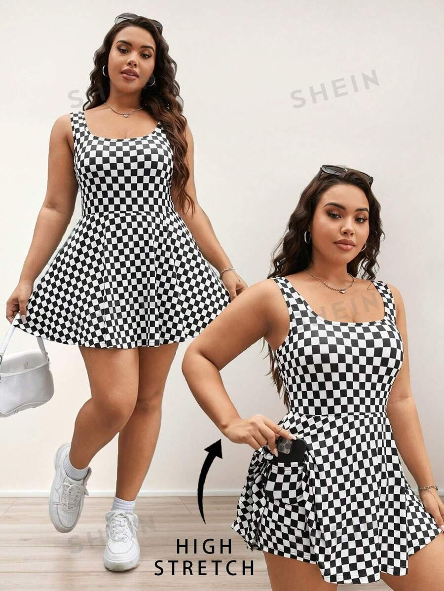 SHEIN EZwear Women's Plus Size Black And White Checkerboard Pattern Vest Dress, Suitable For Summ... | SHEIN