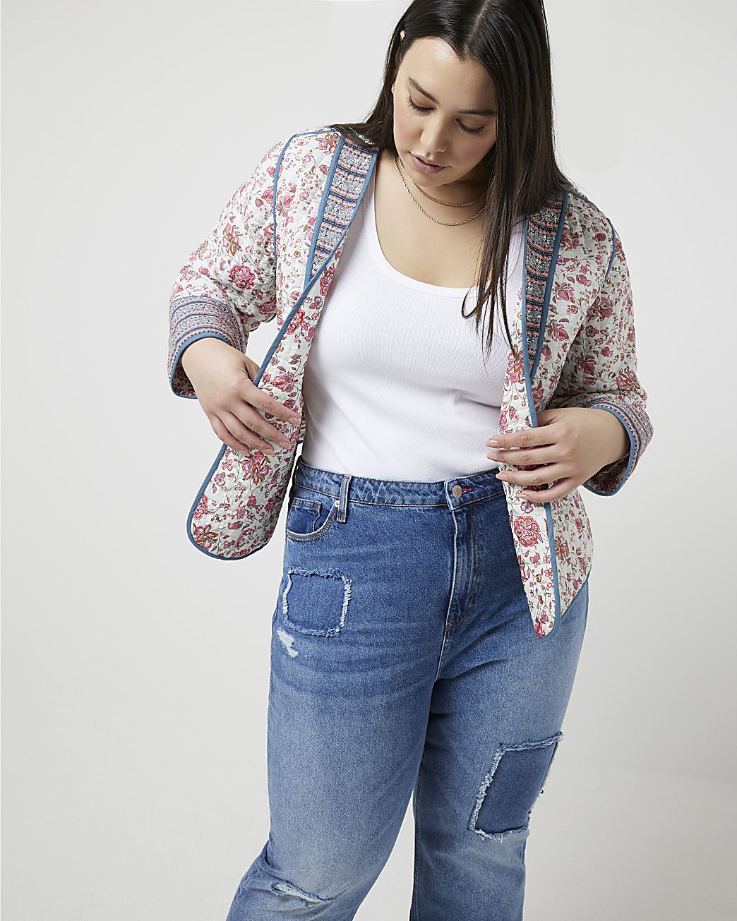 Plus pink quilted floral jacket | River Island (US)