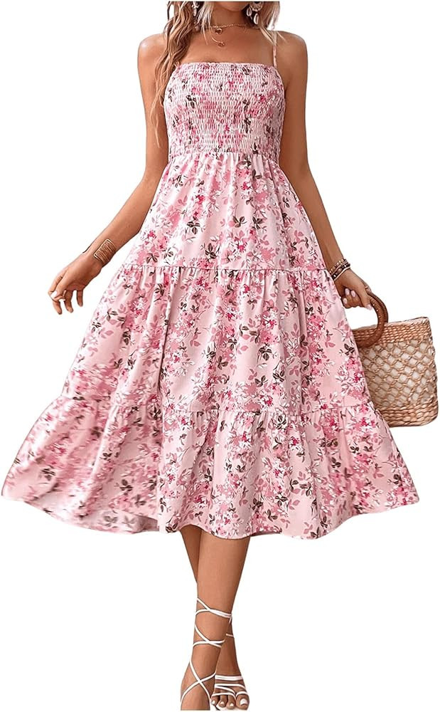 MakeMeChic Women's Summer Boho Dress Casual Floral Print Spaghetti Strap Square Neck Long Maxi Dr... | Amazon (US)